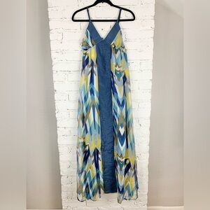 Isabel Lu Silk Printed Blue Chevron Maxi Dress Medium